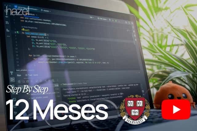 Ecrã de computador com código e logos de Harvard e YouTube, guia passo a passo para aprender web development em 12 meses