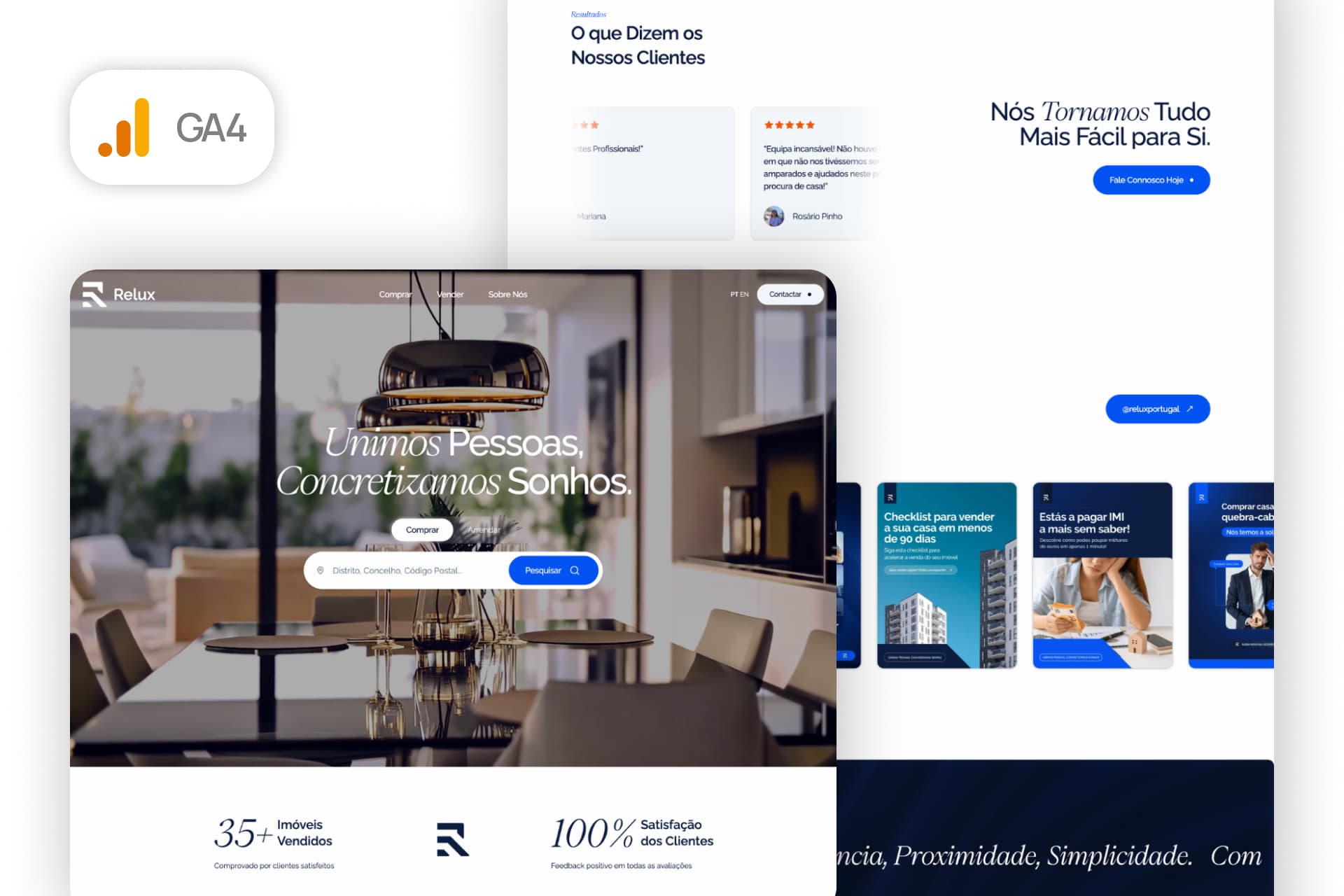 Website para imobiliária com pesquisa de imóveis, testemunhos de clientes, e integração com Google Analytics