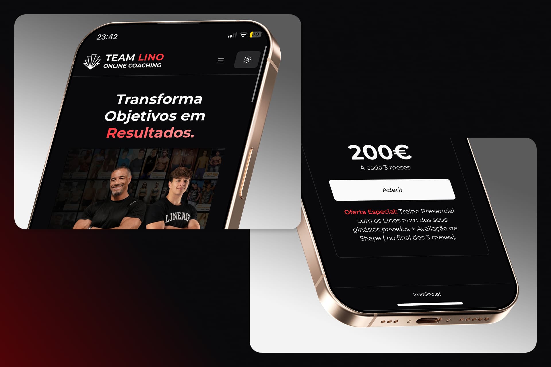 Website de online coaching em mobile com página principal e secção de preços